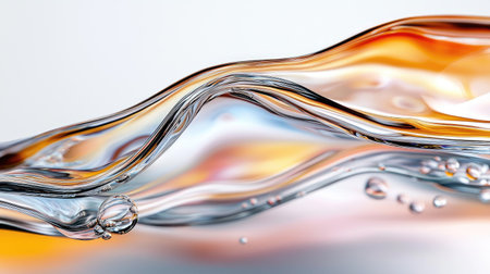 An elegant abstract background featuring transparent fluid waves, representing serum and oil textures for skincare and cosmetics.の素材