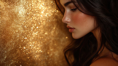 A close-up portrait of a woman with glittering gold makeup, framed by warm bokeh lights, radiating glamor and elegance.の素材