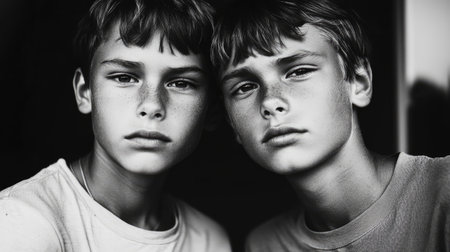A black-and-white portrait of twins, highlighting their emotions and character with a vintage, nostalgic feel.の素材