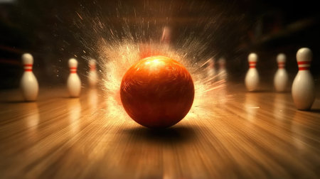 A captivating 3D rendering of a bowling ball rolling down a brightly lit lane, approaching the pins with dynamic energy.の素材