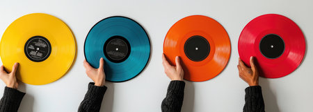 A group of diverse hands holding different colored vinyl records against a white background.の素材