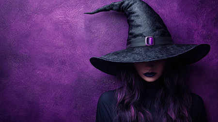 A mysterious woman dressed as a Halloween witch, with dramatic makeup and a black hat, stands against a purple backgroundの素材