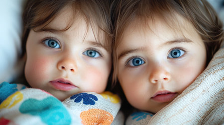 A captivating close-up portrait of Caucasian twin toddlers with bright blue eyes, exuding innocence and beautyの素材