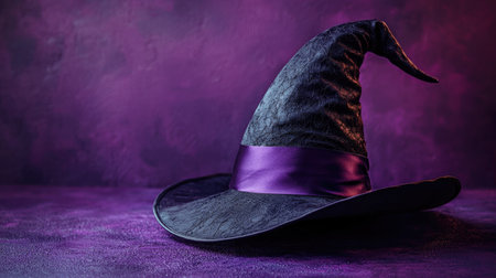 A black witch hat with a purple band lies on a textured purple background, perfect for Halloween-themed decorationsの素材
