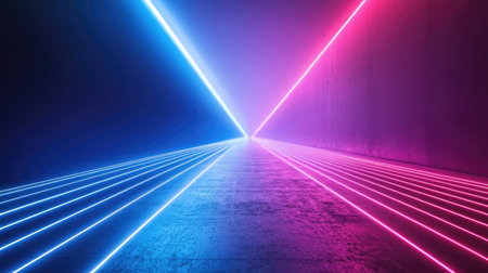 A surreal corridor formed by vivid pink and blue laser lights.の素材
