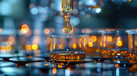 A close-up shot of a pipette dispensing a drop of liquid into a series of test tubes in a laboratory setting.の素材