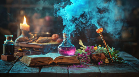A spellbinding Halloween setup with colorful magical potions, a spell book, and swirling smoke, evoking an enchanting witchcraft ambiance.の素材