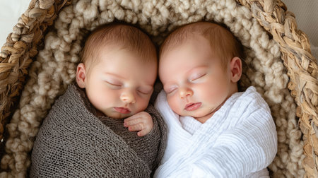 A serene portrait of sleeping newborn twins swaddled in white blankets, capturing their peaceful innocence.の素材