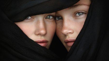 Twin sisters with piercing gazes, draped in black veils, create a profound and mysterious portrait of beauty and emotion.の素材