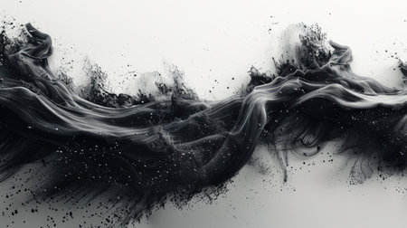 A dynamic Asian brush stroke in black ink with splashes, isolated on a white background, creating an energetic and expressive artistic effect.の素材