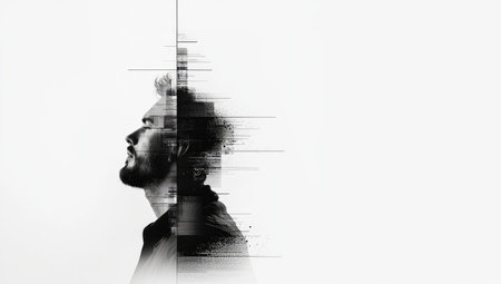A contemporary abstract illustration using minimalist and glitch art elements to represent faith, prayer, and a spiritual connection with God.の素材