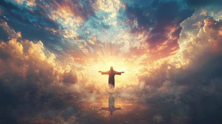 Jesus Christ stands illuminated by divine light, symbolizing love, faith, and salvation as He ascends to heaven in a breathtaking celestial scene.の素材