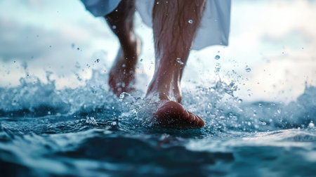 This close-up captures Jesus Christ's feet walking on water, symbolizing his miraculous powers and divine presence.の素材