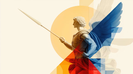 A powerful depiction of the Archangel Michael, armored and poised, embodying divine strength and heavenly authority.の素材