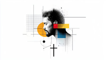 A contemporary illustration of a man in profile, interwoven with abstract geometric and cross motifs, expressing deep spirituality.の素材