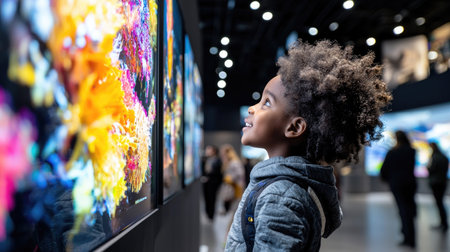 A young African-American boy marvels at colorful, interactive displays in a contemporary museum.の素材