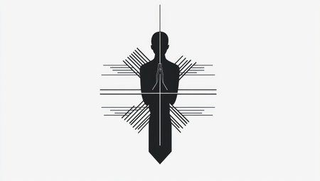 A minimalist black and white graphic depicting a silhouette in prayer with geometric cross elements, symbolizing peace and devotion.の素材