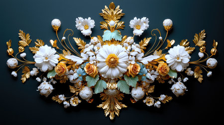 A meticulously crafted golden baroque floral sculpture, serving as a sophisticated wall art piece with ornate details and elegant design.の素材