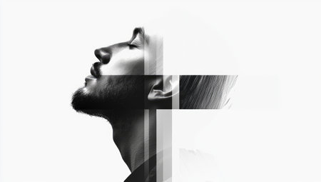 A modern double exposure illustration combining faith and geometric abstraction, reflecting spirituality and devotion.の素材