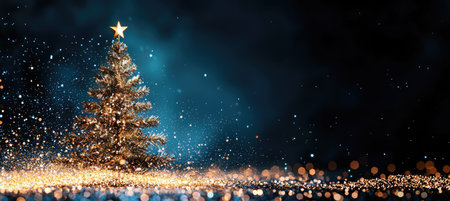 A beautifully decorated Christmas tree with golden ornaments sparkles against a twinkling light background, enhancing the festive spirit.の素材