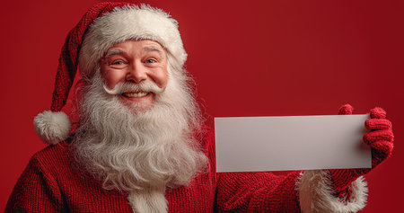 Jolly Santa Claus holding a blank sign, perfect for customizable Christmas promotions.の素材
