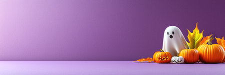 Playful Halloween scene featuring a cute ghost surrounded by pumpkins and bats on a vibrant purple background, perfect for seasonal promotions and marketing.の素材
