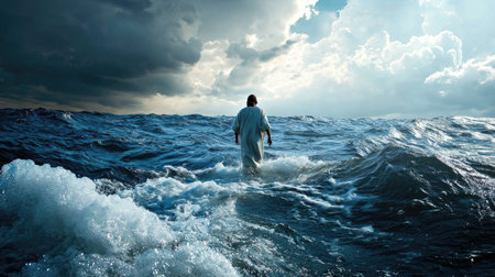 Jesus Christ performs the miracle of walking on water under a stormy sky, symbolizing divine power and faith.の素材