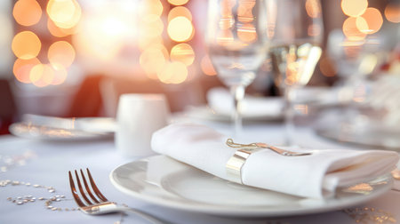 A beautifully arranged holiday table setting featuring a white plate, folded napkin, and silverware, illuminated by soft bokeh lights in the background.の素材