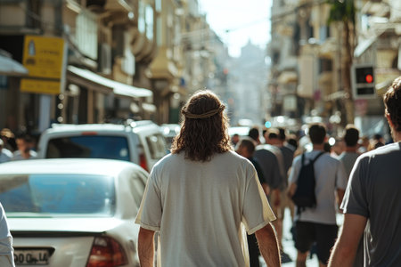 Back view of Jesus Christ walking through a crowded city street at sunset, symbolizing a divine journey amidst humanity.の素材