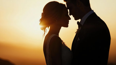 An elegant bride and groom share a tender moment at their sunset beach wedding.の素材