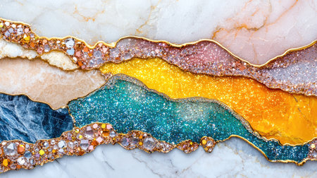 A high-end luxury background featuring layered marble, gold, and sparkling diamonds with glitter accents.の素材