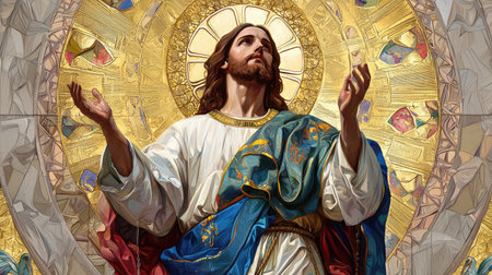 A reverent depiction of Jesus Christ with the Sacred Heart, embodying the concepts of love, faith, and salvation in a divine and holy scene.の素材