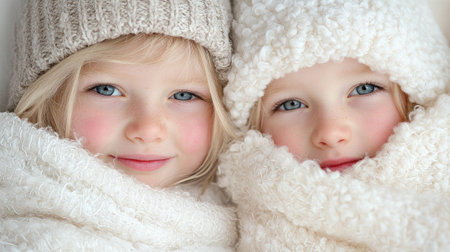 A cozy closeup portrait of blonde blue-eyed twins wrapped in warm winter hats, radiating gentle warmth and innocence.の素材