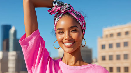 A beautiful breast cancer survivor raises her arm in triumph, symbolizing strength, hope, and awareness in the fight against cancer.の素材