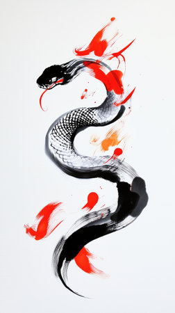 An elegant depiction of a snake painted in a traditional Chinese brushstroke style, representing the Year of the Snake in 2025.の素材