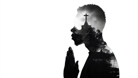 A double exposure image of a person in prayer, symbolizing deep faith and spirituality.の素材