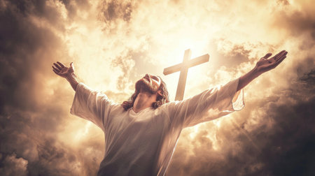 Jesus Christ stands with arms outstretched toward heaven, symbolizing divine love, faith, and salvation in a breathtaking celestial scene.の素材