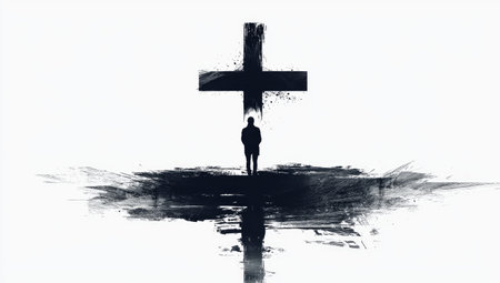 A minimalist abstract illustration with a cross and a solitary figure, symbolizing faith, prayer, and devotion in a powerful spiritual context.の素材