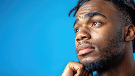 A side profile portrait of a pensive African American man deep in thought against a blue background.の素材