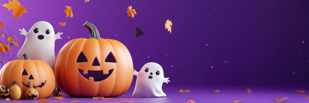 Adorable 3D Halloween scene with smiling ghosts and pumpkins on a vibrant purple background, perfect for seasonal promotions and marketing.の素材