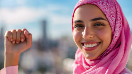 A beautiful breast cancer survivor raises her arm in triumph, symbolizing strength, hope, and awareness in the fight against cancer.の素材