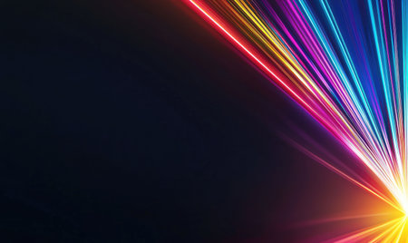 A vibrant abstract image featuring colorful neon light rays creating a dynamic burst of speed and energy.の素材