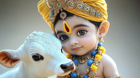 Adorable depiction of baby Lord Krishna lovingly posing with a sacred cow, symbolizing divine love and purity.の素材