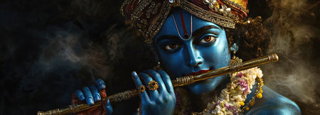 Lord Krishna serenely plays the flute, exuding divine grace and spiritual presence against a dark, mystical backdrop.の素材