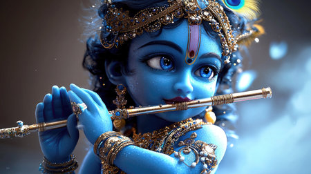 Lord Krishna is depicted with a peacock feather and flute, exuding divine grace and spiritual serenity.の素材