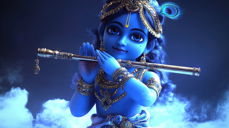 Lord Krishna is depicted with a peacock feather and flute, exuding divine grace and spiritual serenity.の素材