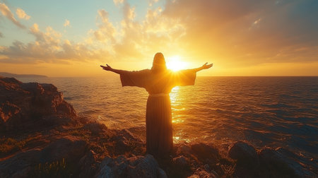 Jesus Christ stands on a rocky shore, arms outstretched, embracing the horizon at sunset in a serene, spiritual moment.の素材
