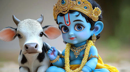 Adorable depiction of baby Lord Krishna lovingly posing with a sacred cow, symbolizing divine love and purity.の素材