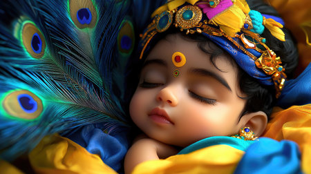 A serene depiction of baby Lord Krishna peacefully sleeping with a peacock feather, symbolizing divine innocence and purity.の素材