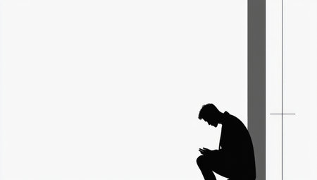 A stark silhouette of a man in prayer beside a cross, capturing a moment of tranquility and devotion.の素材